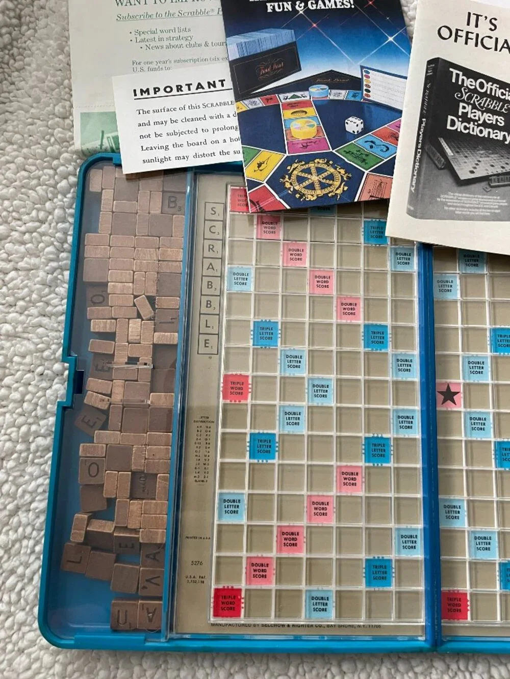 Vintage Scrabble Travel Game Wooden 96 Tiles Blue Case Set Clear Trays 1977